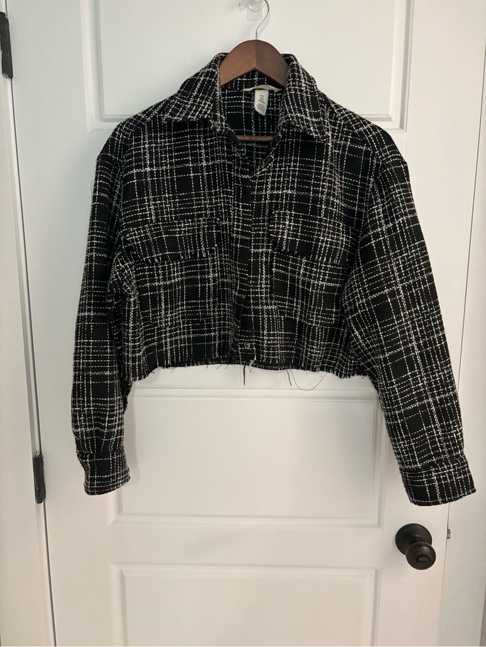 H&M Cropped Black & White Plaid Tweed Jacket